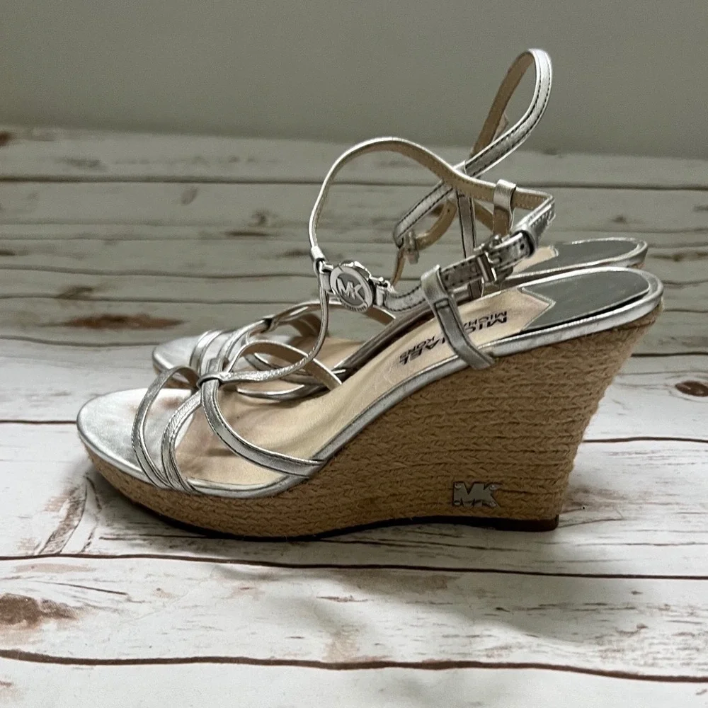 Michael Michael Kors Wedge Sandal Silver Metallic Espadrille Strappy 8.5